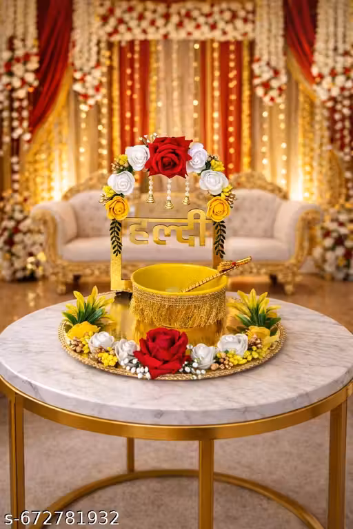 Indian store01 Round Floral Haldi Ceremony Platter with Bowl and Stick, Yellow