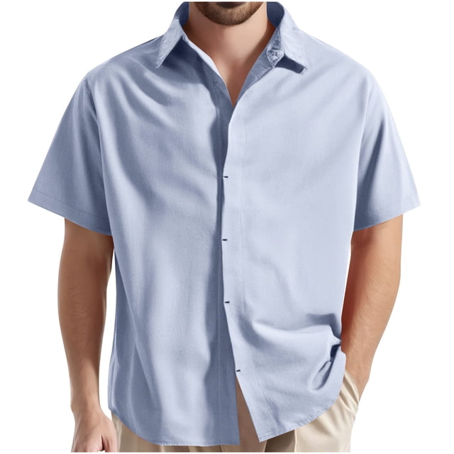 Camisas Elvqul para Caballero de Color Sólido Casual Azul Claro Manga Corta Botones Solapa