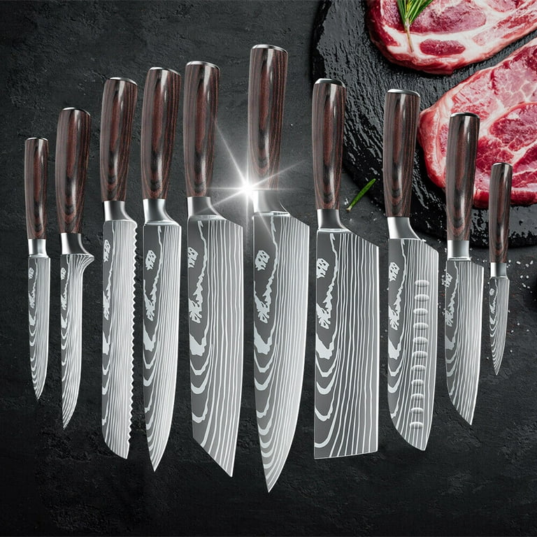 MDHAND 10pcs Knife Set with Ergonomic Pakkawood Handle, 3.5 - 8inch Laser  Damascus Stainless Steel Cutlery Japanese Chef Slicing Santoku Cleaver,  Kitchen Cooking Tools 