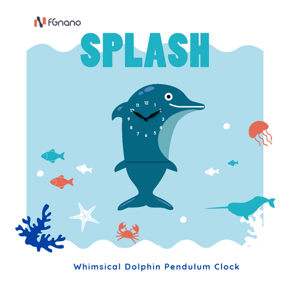 FGnano Playful Dolphin Pendulum Wall Clock, Cartoon Style, Dark/Light Blue, MDF, 14.2'x10'x1.8', with White Gift Box