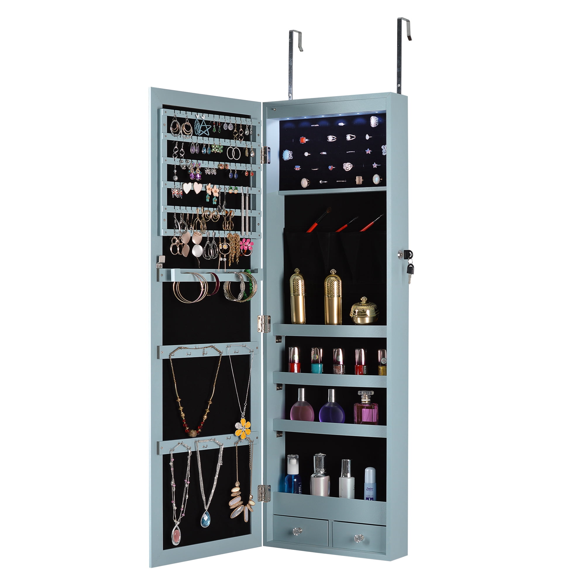 Aukfa Jewelry Cabinet with Mirror - Integrated Led Light – Blue