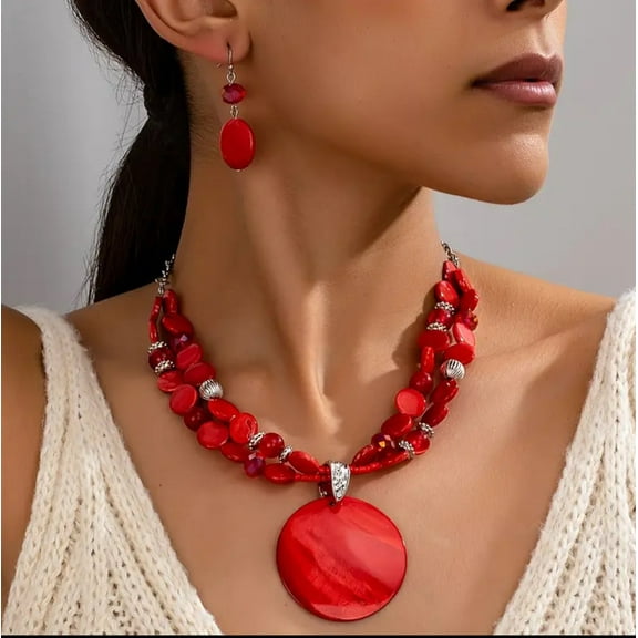 Pierced silver and red shell bead necklace and earring set