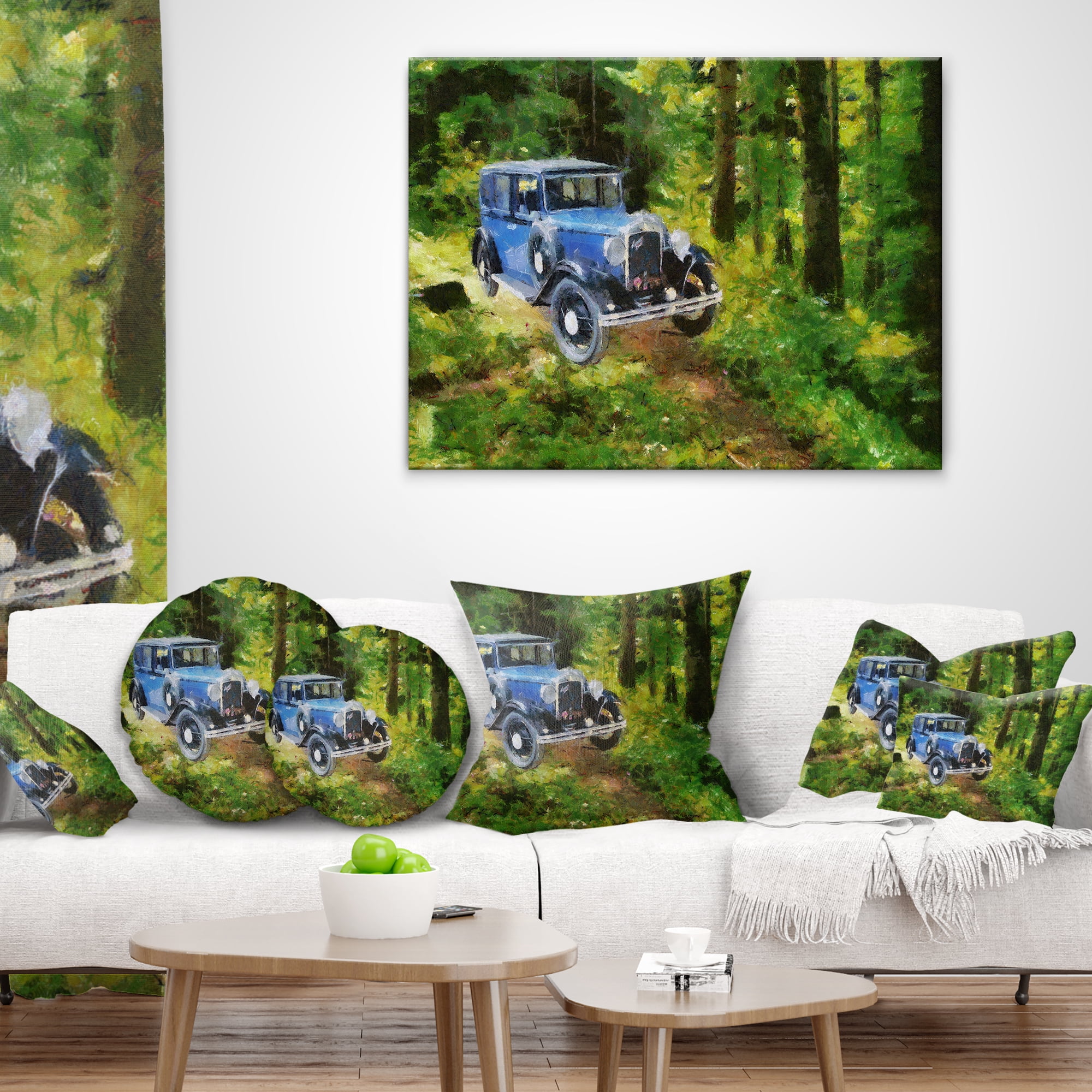 Designart Blue Vintage Car Oil Painting - Car Throw Pillow - 18x18