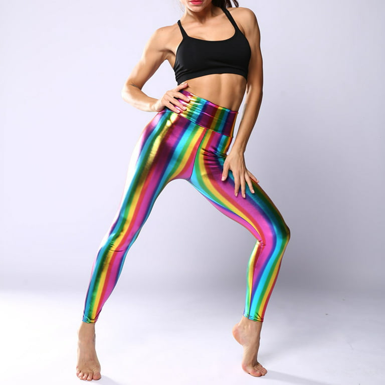 ZPAQI Womens Hologram Metallic Rainbow Leggings Glitter Neon Tights Stripes  Printed Hi 