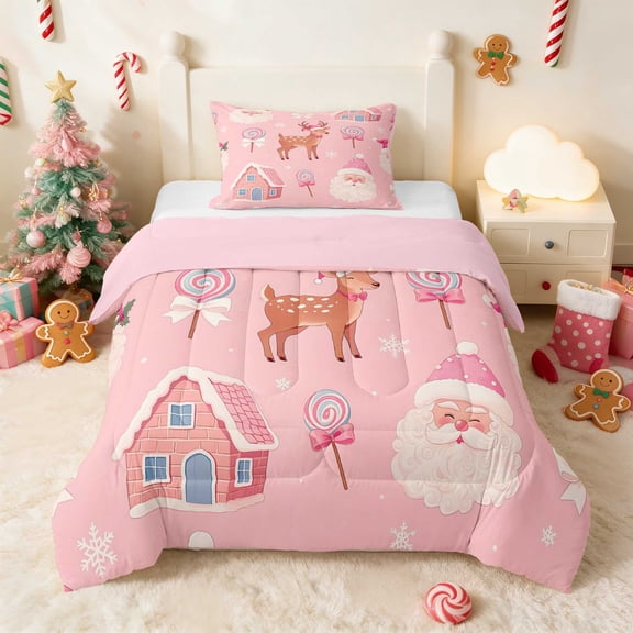 Manfei Santa Comforter Set Twin, Pink, 2 Piece