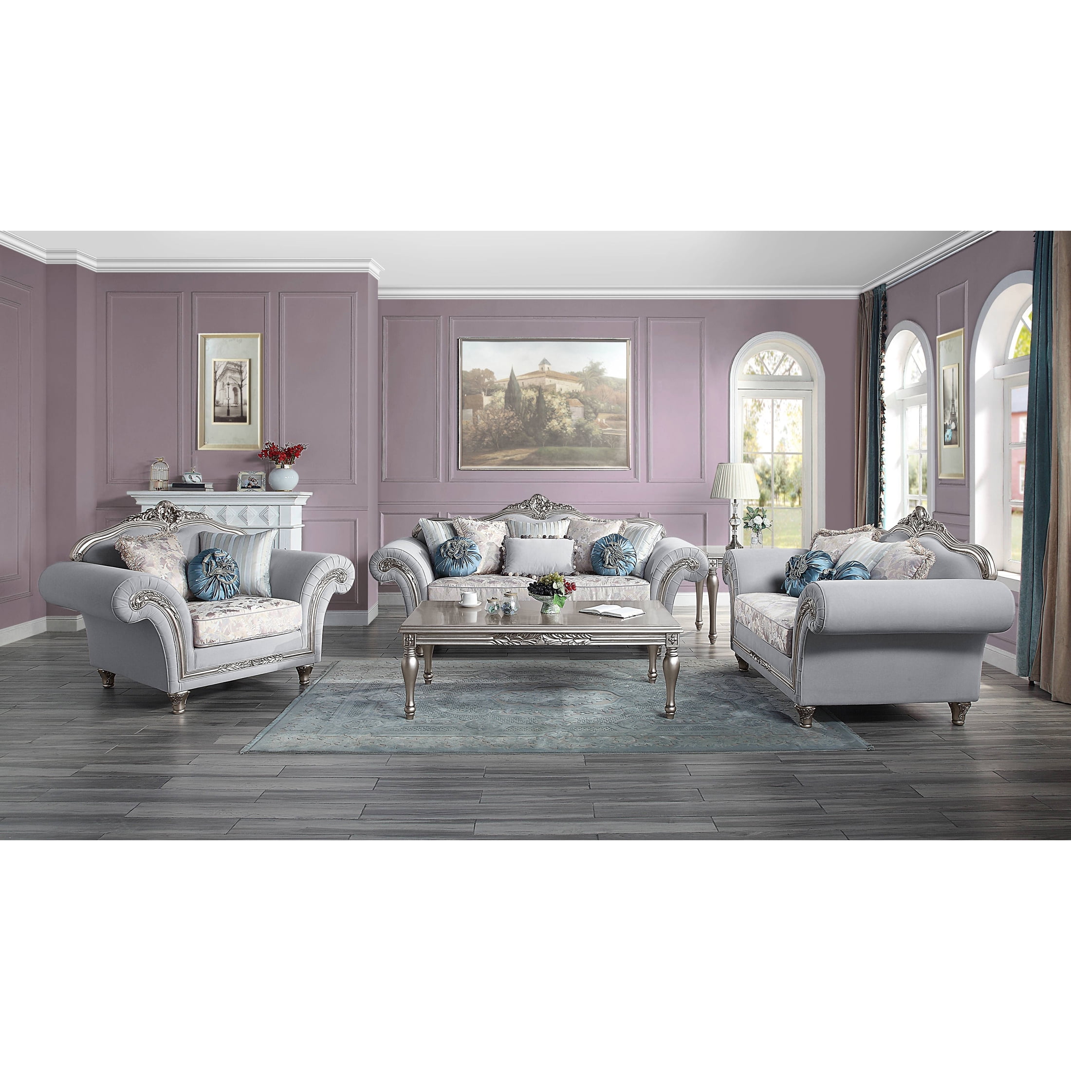 LV01112 Sofa w/8 Pillows, Light Gray Linen & Platinum Finish - Pelumi ( 1Pc/1Ctn )