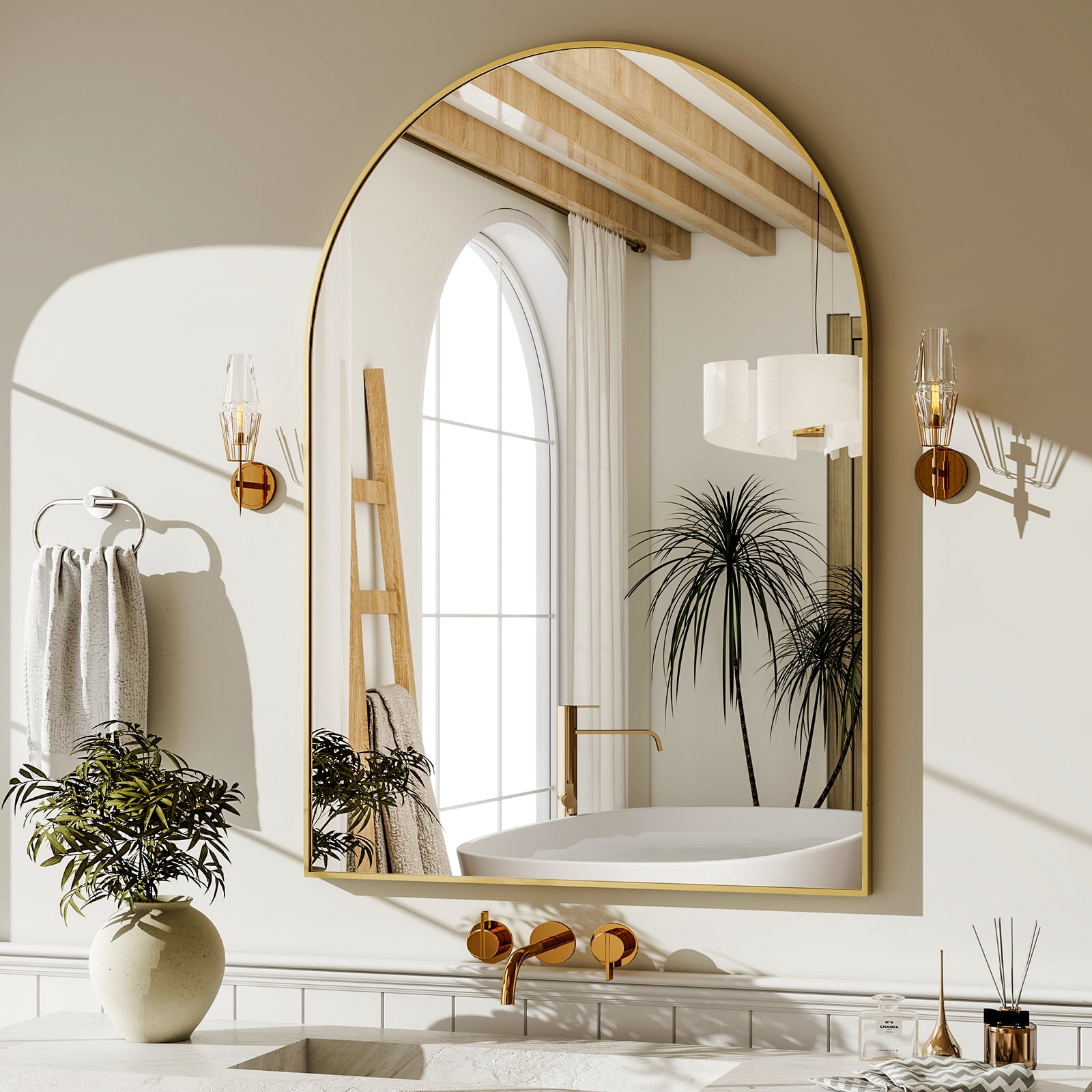 Easy4Home 38"x26"Arched Bathroom Mirror Decor Vanity Mirror Wall Mounted,Gold