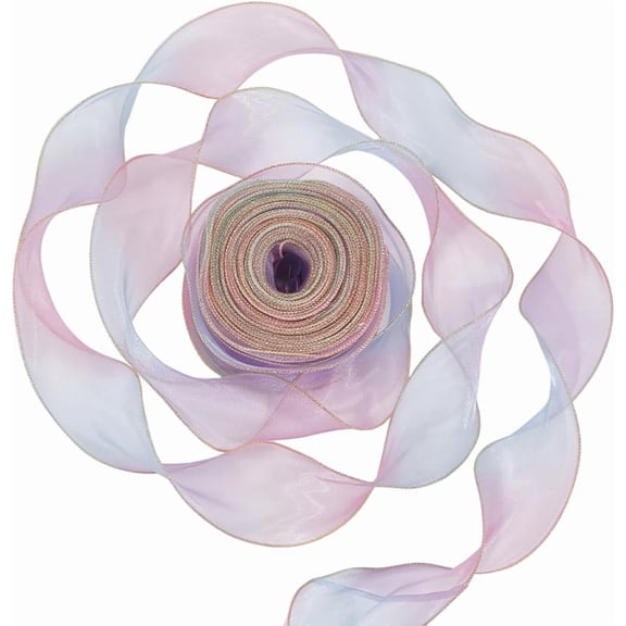 38.28 Yards 2 3/8 Inch Gradient Color Organza Ribbon Ruffled Lace Trim Iridescent Purple Tulle Ruffled Fabric Pleated Sheer Ribbons