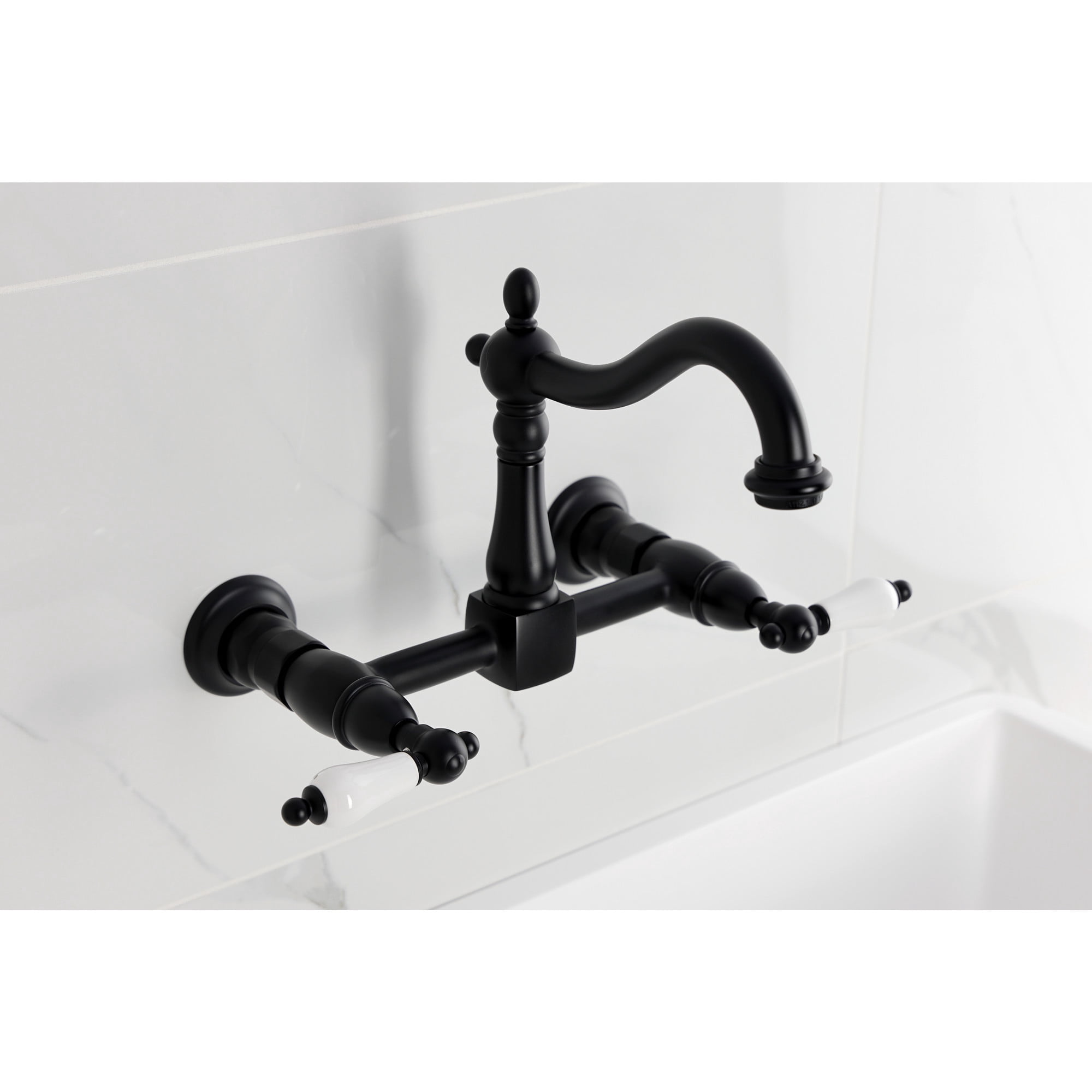 Kingston Brass KS1260PL Heritage Double-Handle Wall-Mount Bridge Kitchen Faucet, Matte Black