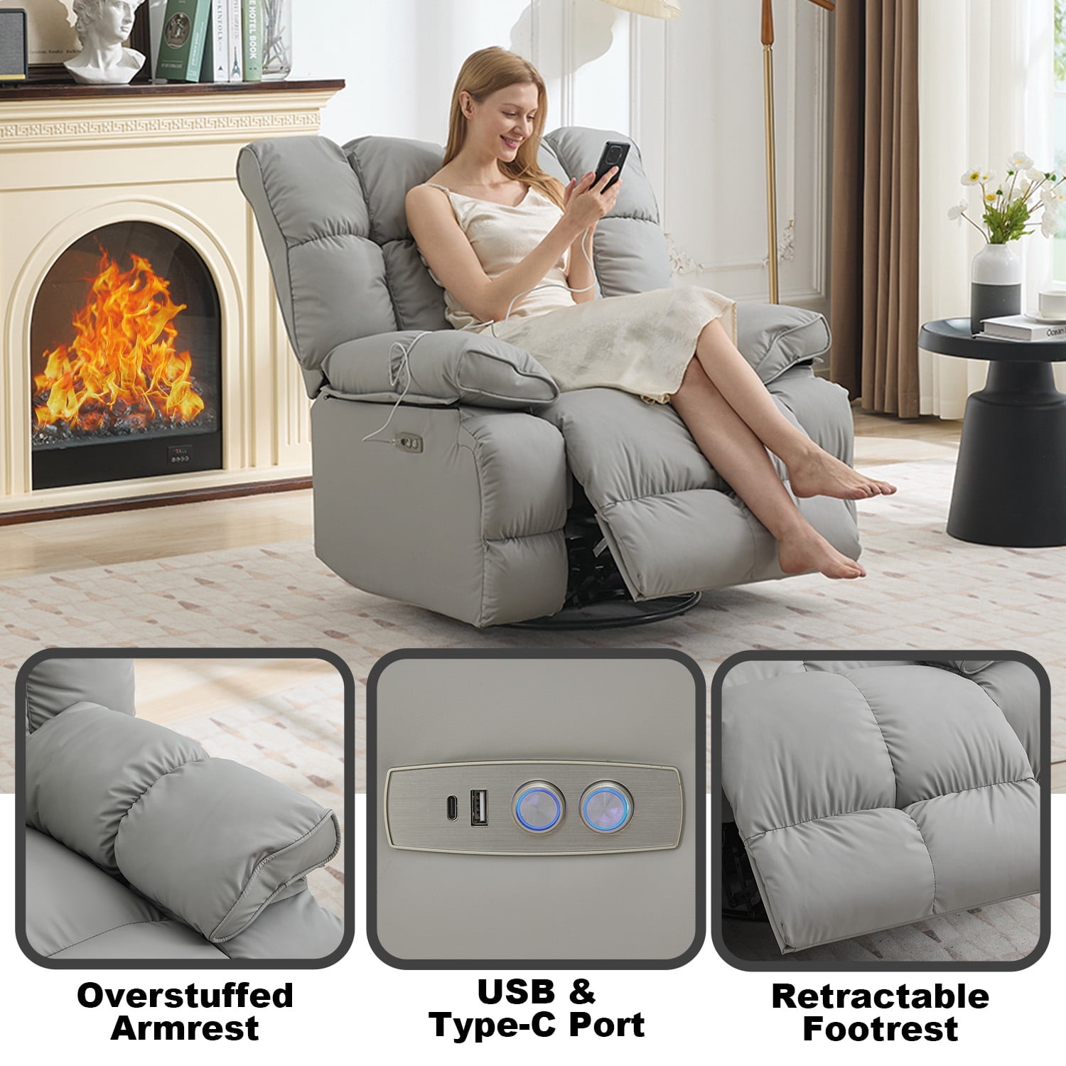 Pmango Pet-friendly Leather Recliner Chair Oversized, XXL Extra Wide Swivel Rocking Recliner, Nursery Modern Single Sofa for Living Room, Electric Adjustable Reclining, USB & Type-C Port, Gray