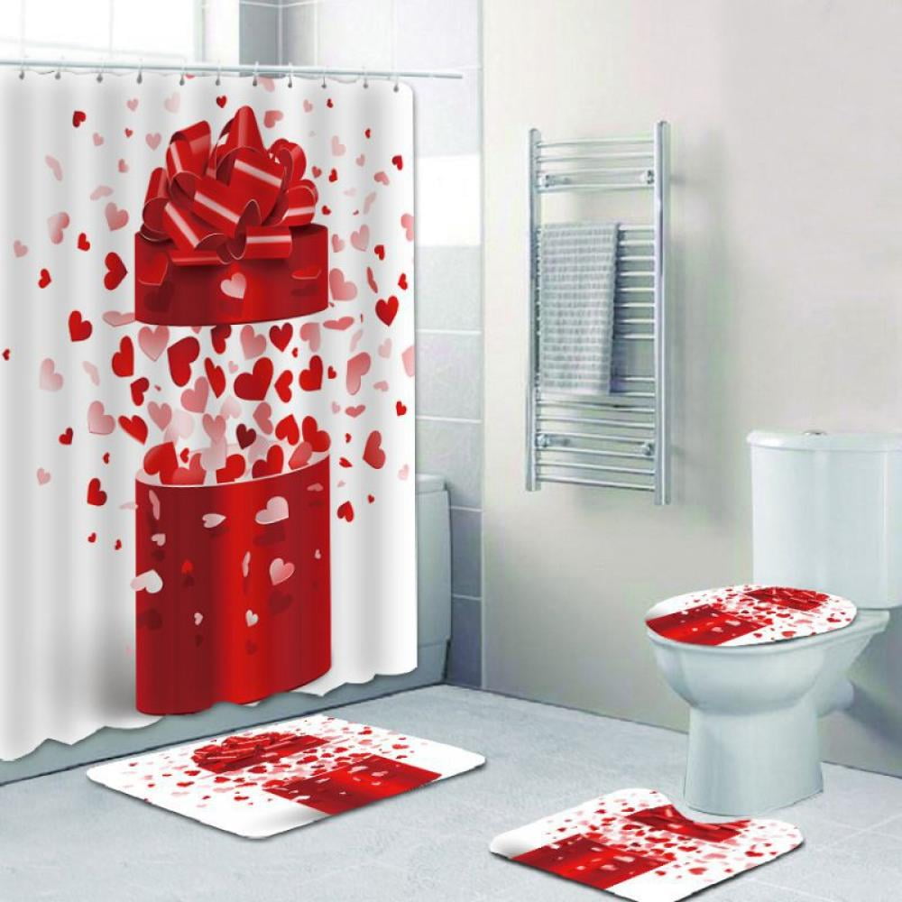Bathroom Shower Curtain Extra Long Toilet Lid Cover Bath Mat Set Non-Slip Rug 