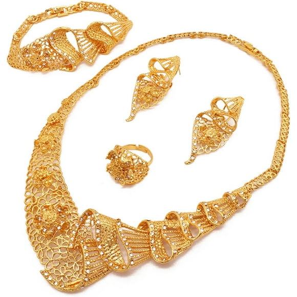 Indian Bollywood Women Jewelry Sets 24K Gold Plated Dubai Gold Necklace Earrings Bangle Fashion Wedding Prom Jewelry Set for Bridesmaids Middle East and Africa