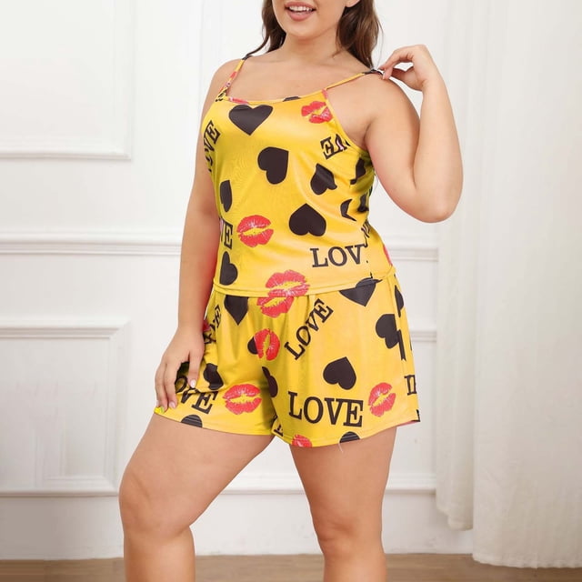 Kelon Ensembles de Pyjama pour Femmes Liquidation Pyjamas Mixtes pour Femmes Grande Taille Ensemble de Pyjamas Décontractés pour Femmes Plus Imprimé Cœur et Baisers Camisole à Col Rond et Shorts à Taille Élastique Ensemble Détente Deux Pièces