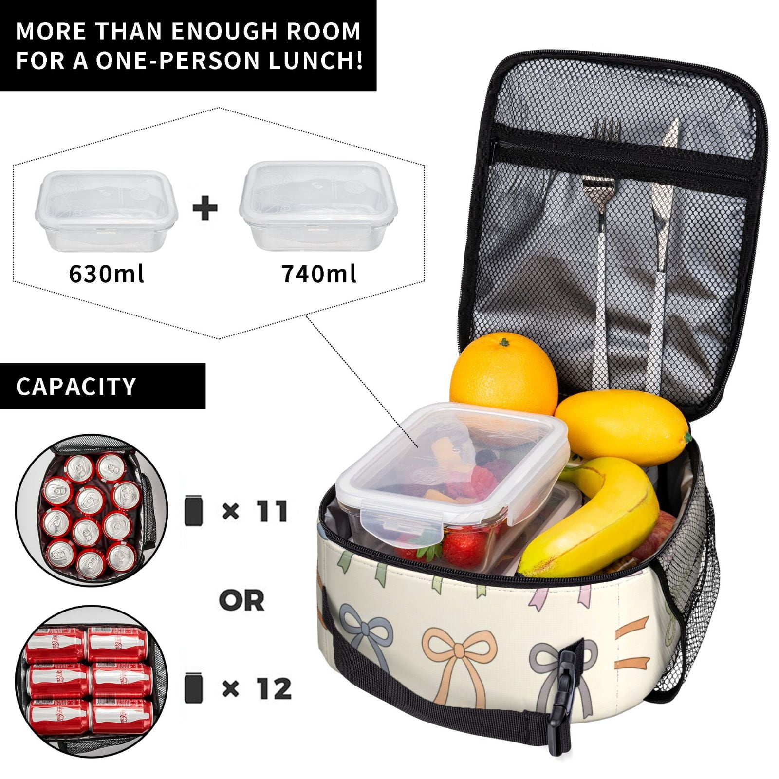 Lunch Bag For Women Men Insulated Portable Lunch Box Bento Box Office Picnic Travel Cooler Bag Colorful Bows (4)