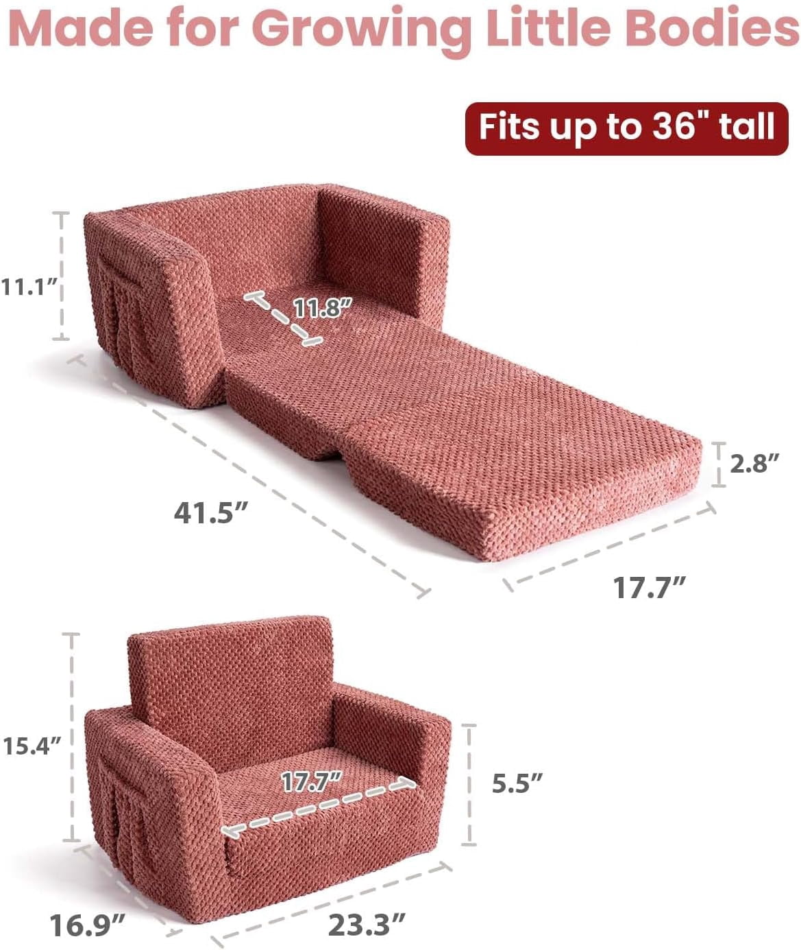 Beavtaens Foldable Toddler Couch with Soft Sherpa Cover, 2-in-1 Comfy Toddler Sofa & Lounger for 1-3 Years Old Girls Boys, Kids Chair with Pockets & Handle for Reading, Playroom, Pink