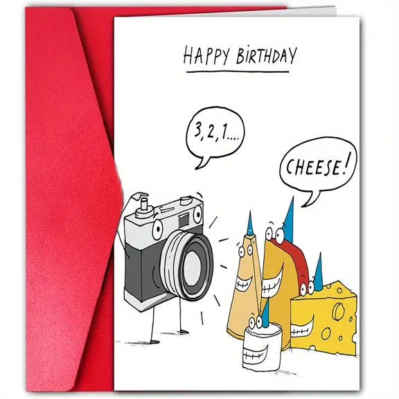 Funny Birthday Card – "Happy Birthday" with Camera and Cheese Design – Blank Inside with Envelope – Perfect for Celebrating Friends and Family Birthdays