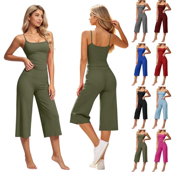 Zormilly Workout Sets for Women Spaghetti Strap Tank Top Wide Leg Capris Yoga Sets Stretch Soft Sport Sets, S-2XL