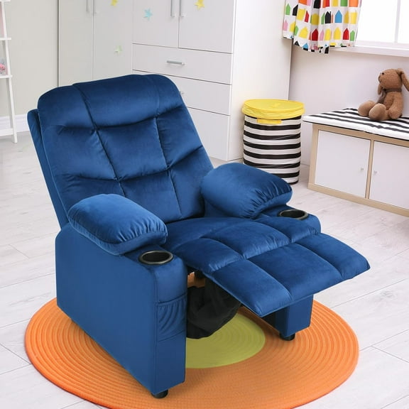 GLACER  Recliner, Velvet Adjustable Toddler Lounge Chair w/Cup Holder, Footrest, Lumbar Support, Armrests, Side Pockets,  Recliner Chairs for Boys Girls Age 3  (Blue)