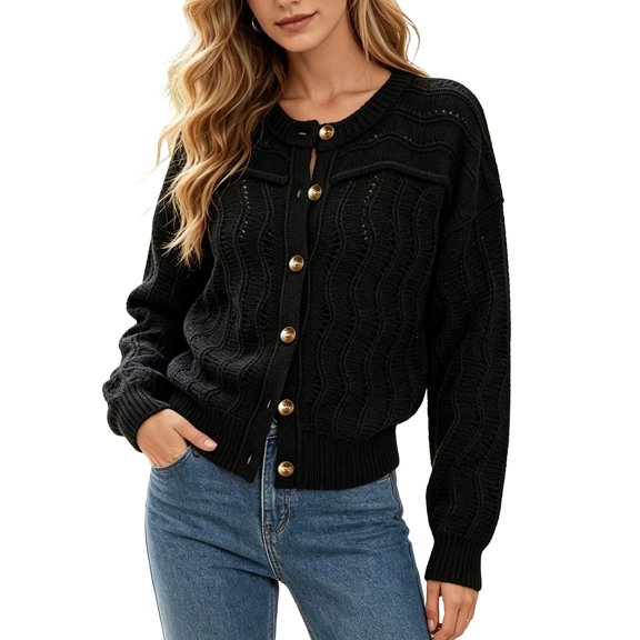 Fnooota Cardigans for Women, Lounge Casual Long Sleeve Crew Neck Knitted Tops Womens Sweaters Black Size S