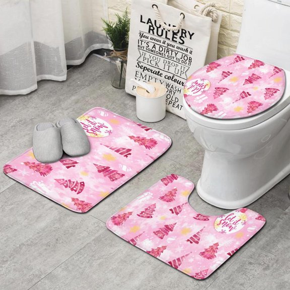 Pink Christmas Tree Bathroom Rugs Sets 3 Piece,Toilet Cover Set,Absorbent Non Slip Bathroom Mats Sets with U-Shaped Contour Rug Toilet Rug Set