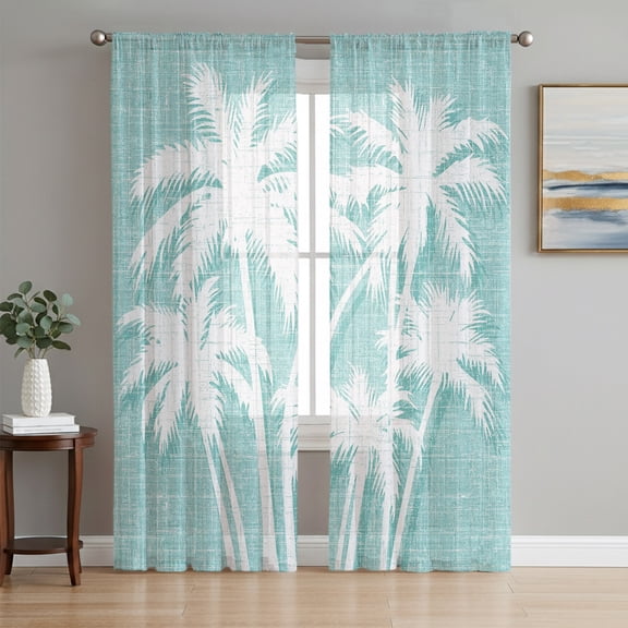 Tropical Palm Tree Sheer Curtains 84 Inches Long, Vintage Mint Green Exotic Botanical Plants Light Filtering Window Curtains for Living Room, Rod Pocket Voile Chiffon Drapes, 52"W x 84"L, 2 Panels
