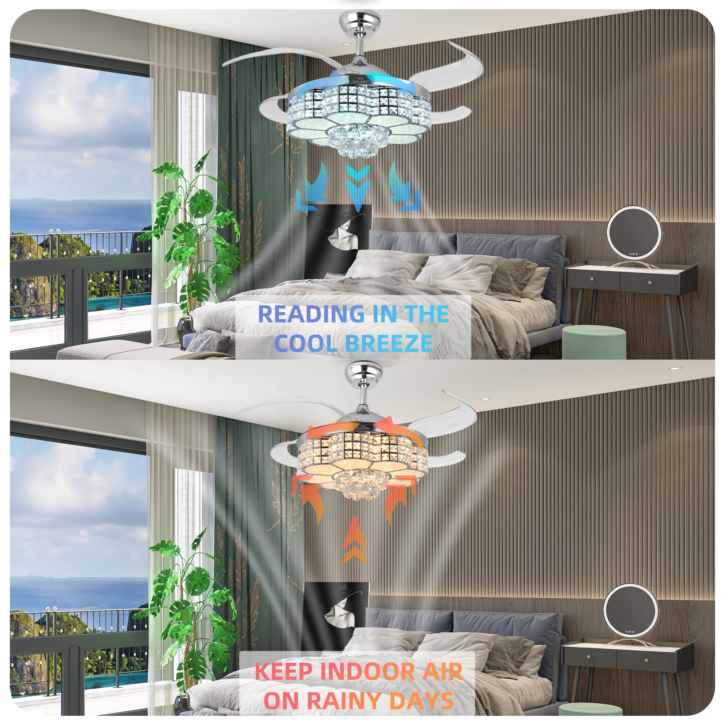 BAYSQUIRREL Retractable Crystal Ceiling Fan with RGB LED Light, Bluetooth Speaker, Remote/APP Control, 6 Speeds & Reversible Blades