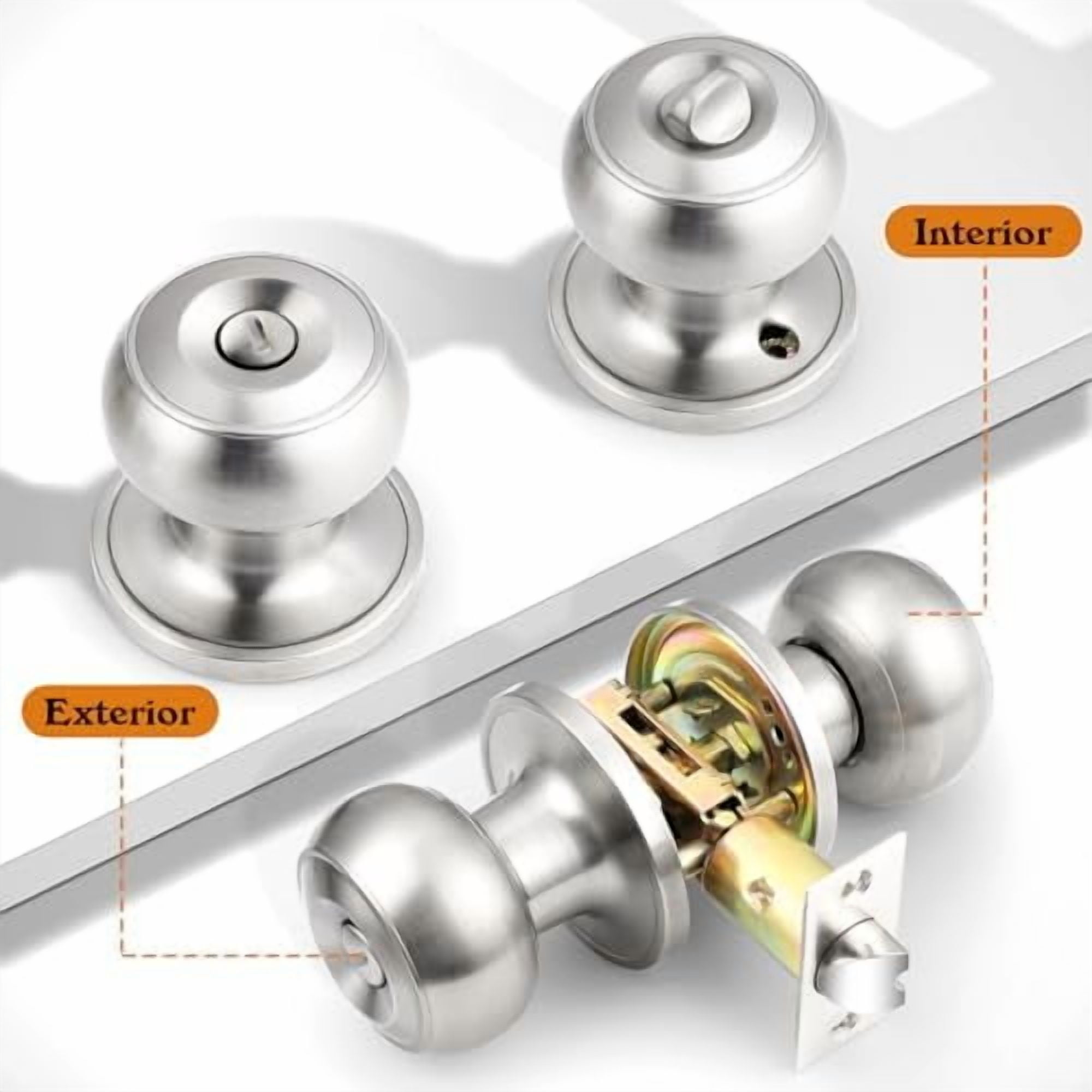 Brushed Nickel Bed/Bath Door Knobs, Satin Ball Door Knob, Interior Door Knobs for Bedroom Bathroom, Privacy Function, 10 Pack