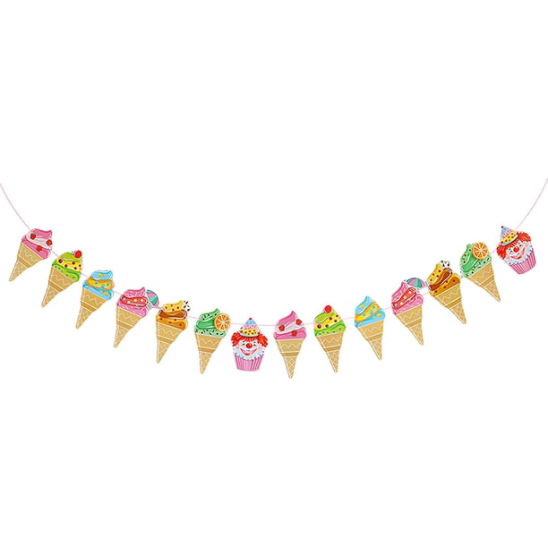 Colorido Forma de Helado Bandera de Tiro Banderas de Papel Decorativas Tema de Verano Pull Garland Party Bunting para Fiesta Banquete