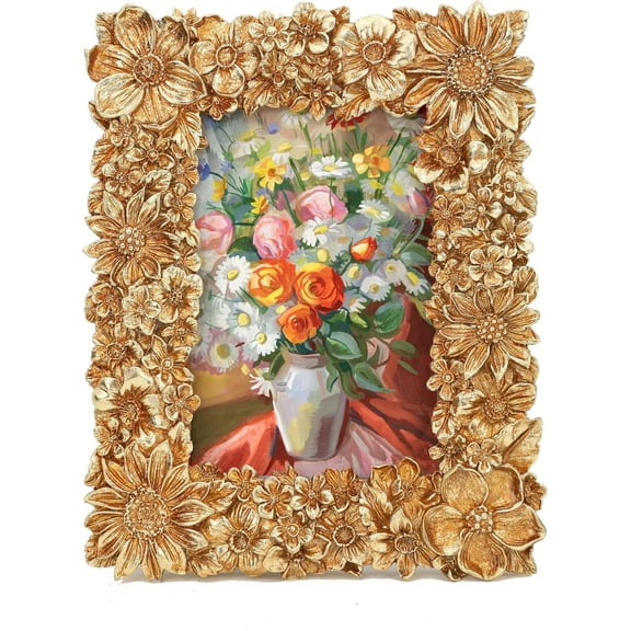 Vintage 4x6 Picture Frame - Gold Flower Leaf with Glass Front - Antique Style for Tabletop