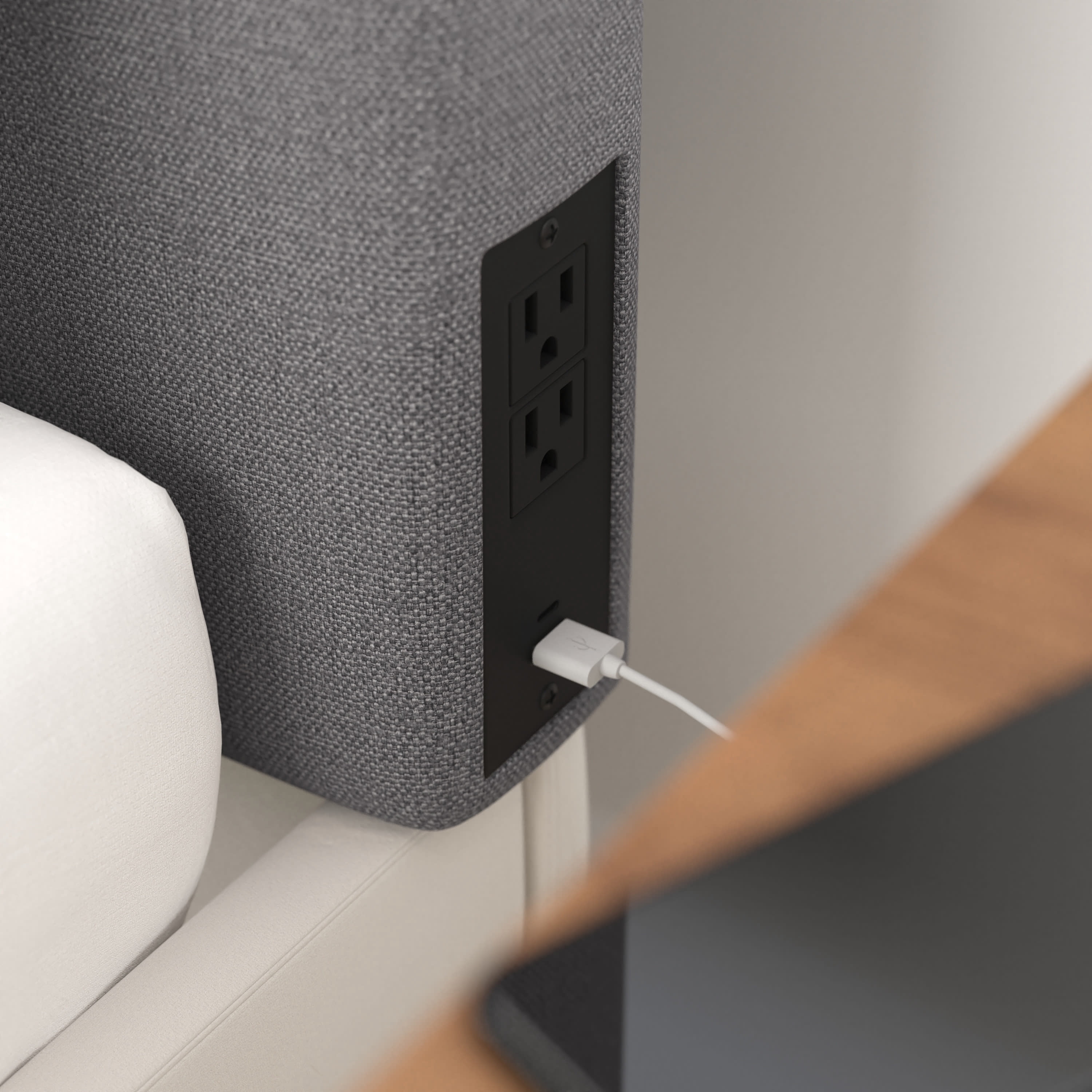 Merrick Lane Gray Faux Linen Twin Headboard with Stylish Upholstery, Dual Hanging Options, Charging Station with 2 Outlets, USB Port, USB-C Port