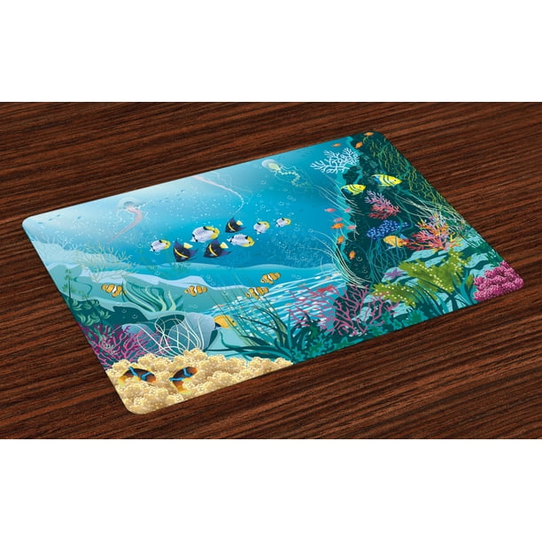 Fish Placemats Set of 4 Underwater Landscape with Tropical Fish and ...