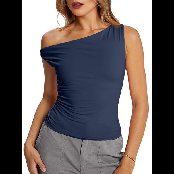 Tops de Verano con Hombros Descubiertos para Mujer, Camisetas para Salir, Top Corto Sin Mangas, Ropa de Moda, Conjuntos de 2025 Azul Oscuro M