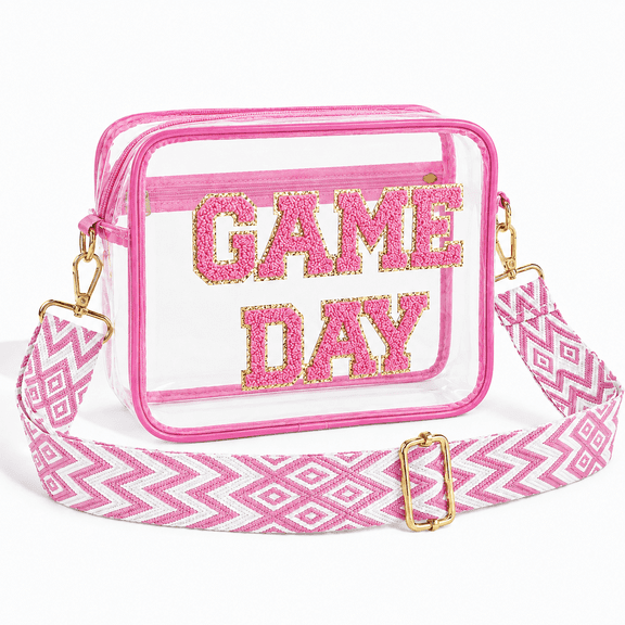 Pink Game Day Clear Bag, Stadium Approved Crossbody Purse for Women with Textured GAME DAY Letters, Small Stadium Bag for Concerts & Sports