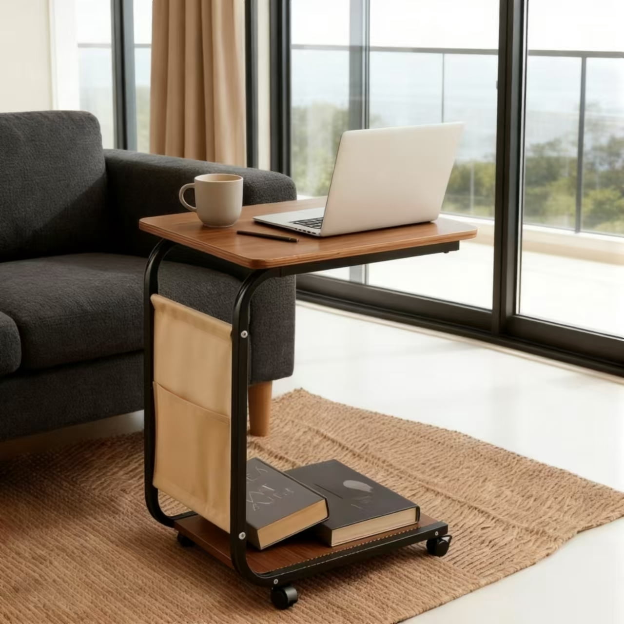 Howcool C-Shaped End Table with Wheels, 25.1" Mobile Sofa Side Table Slide Under Couch, Double Layer Storage & Side Pocket, Space Saving Brown for Living Room Bedroom, 2-Pack