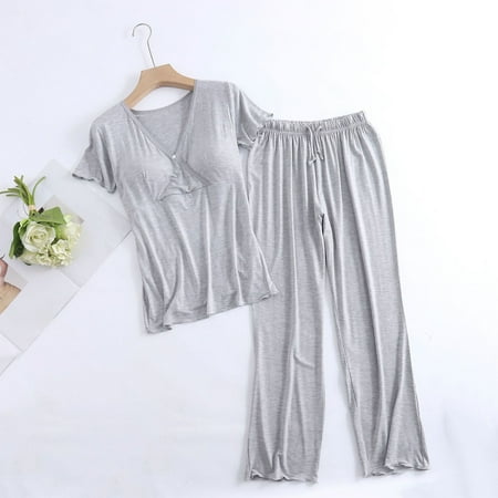 Hinvhai Built-in-Bra Sleepwear for Pregnant Women Clearance Convenient Nursing Pajama Sets Short Sleeve Loungewear Long Pants Pjs 2 Piece Outfits Gray 12(XXL)