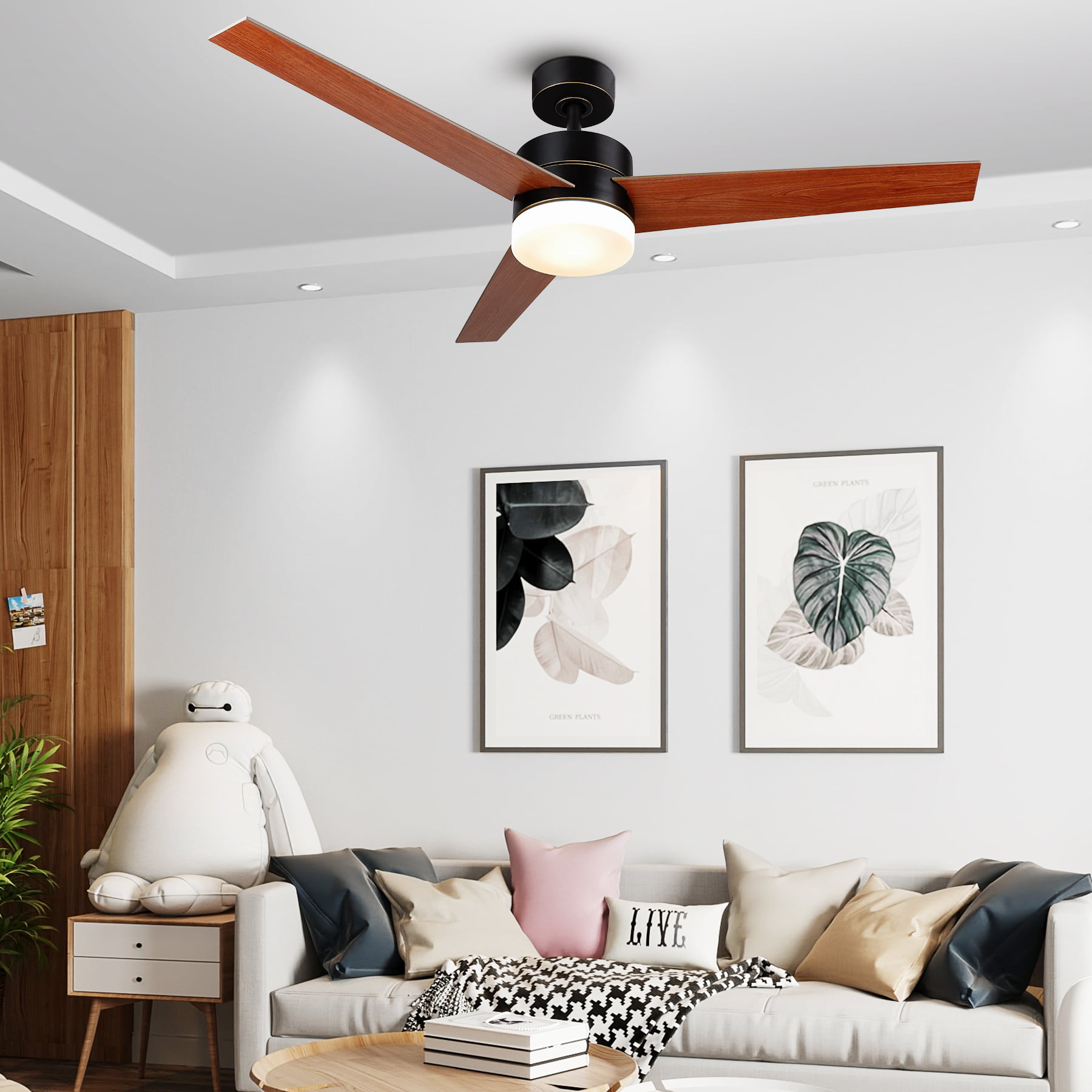 52” Modern Ceiling Fan Light with 15W 3 Color LED Light and 3 Reversible Blades