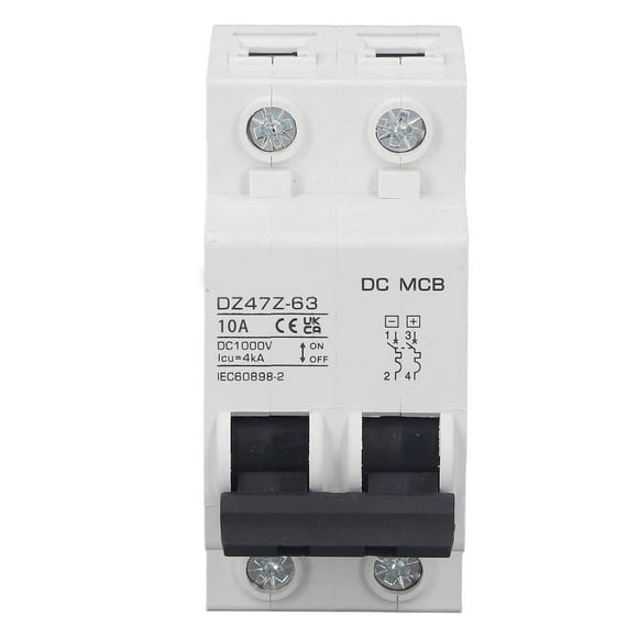 High-Performance DC Circuit Breaker with Magnetic Arc Extinguishing, 2P 1000V 10A, for Solar PV and Marine Power Systems, DIN Rail Mounted, Overload and Short Circuit Protection.