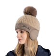 thumbnail image 2 of Women's Winter Knit Beanie with Pom Pom, Plush Lined Ear Flap Hat, Double-Lined Thermal Winter Hat, Soft Wool Blend Cold Weather Cap for Outdoor Activities Khaki, 2 of 3