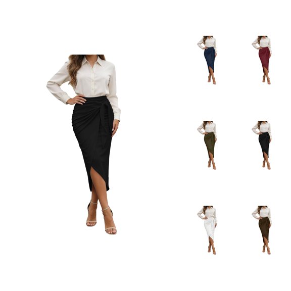 Midi Wrap Skirts for Women Summer High Waisted Tie Front Asymmetrical Slit Bodycon Ruched Pencil Skirt