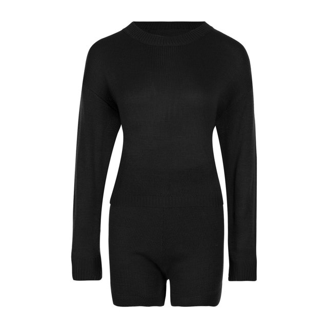 Ensemble Tricoté pour Femme Couleur Unie Ample Manches Longues Col Rond Haut + Short