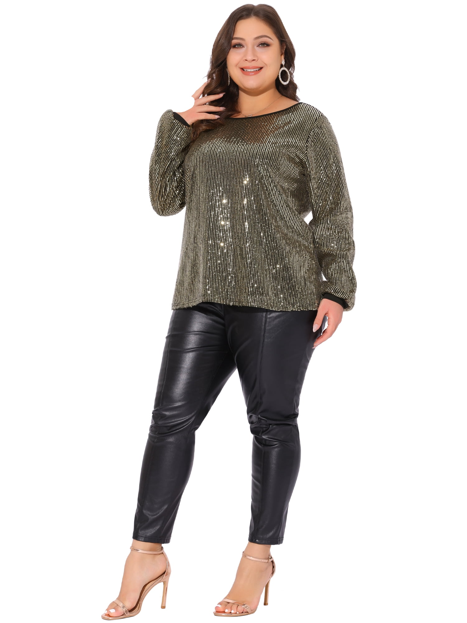 DARING DIVA Women's Plus Long Sleeve Glitter Sparkly Blouse 2X Gold