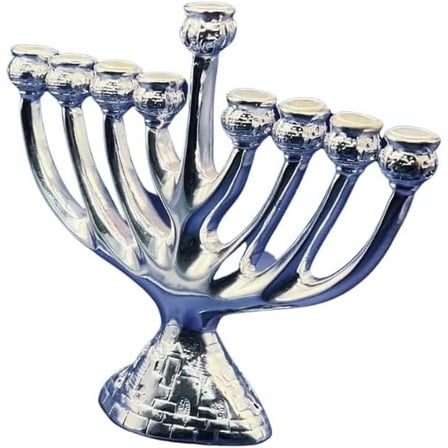 3 Arches USA Hanukkah Menorah Silver Plated with Jerusalem Scenes- 9 Branch Chanukah Menorah Fits Standard Hanukkah Candles- 7.5” Tall