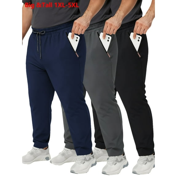MANSENHUG Mens Plus Size 3 Pack Lightweight Fabric Active Athletic Workout Jogger Sweatpants for Men with Zipper Pocket and Drawstring