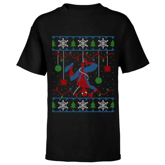 Marvel Spider-Man Upside Down Ugly Christmas Sweater - Short Sleeve T-Shirt for Kids - Customized-Black