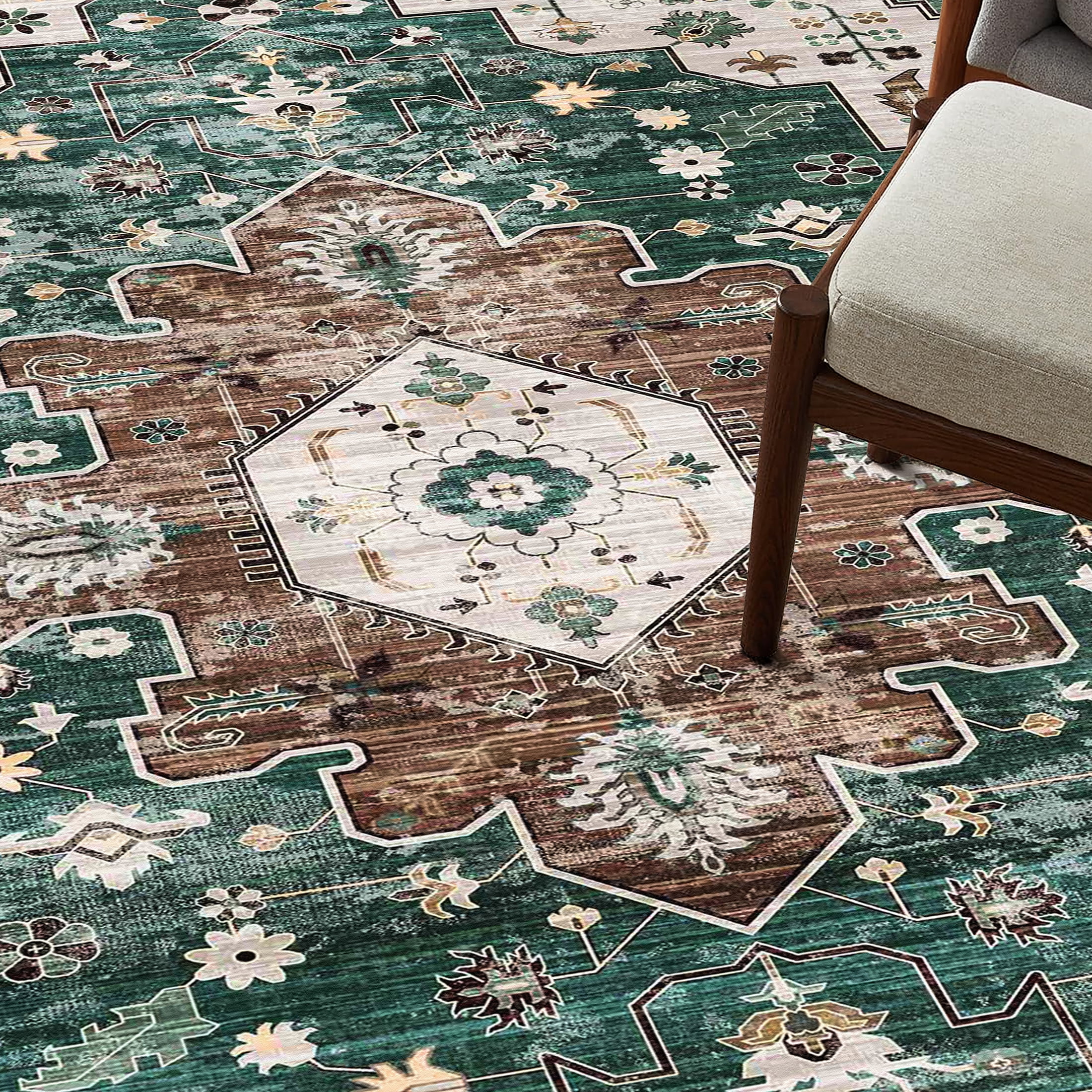 BERTHMEER Area Rugs 8’x10' Clearance for Living Room Vintage Large Rugs Bedroom Office Farmhouse Dining Room Washable Green Oriental Carpets Non Slip Traditional Distressed Rugs
