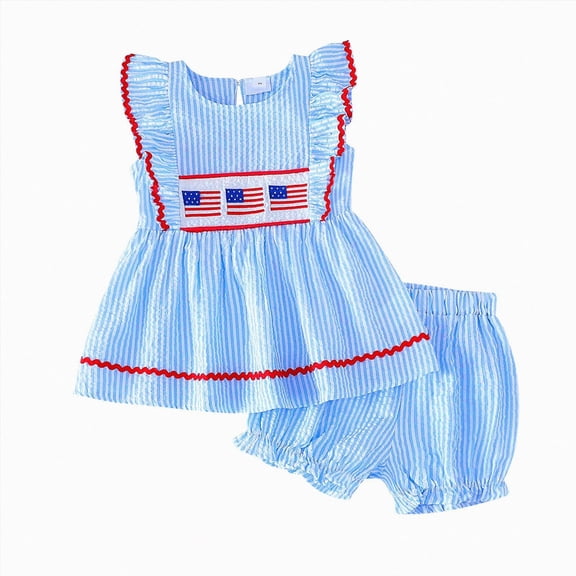 mgoYE Toddler Girl 4th of July Clothes Set Ruffled Smoked Dress Top Shorts 3T 4T 5T 6T Cute Outfit Size 5-6 Years