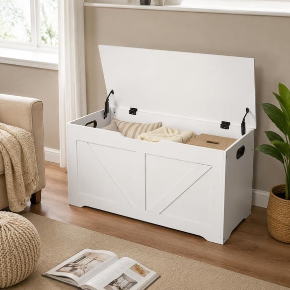 Kids Storage Bench Wooden Toy Box Chest with Safety Hinge, Large Mdf Storage Cabinet for Playroom, Entryway, White