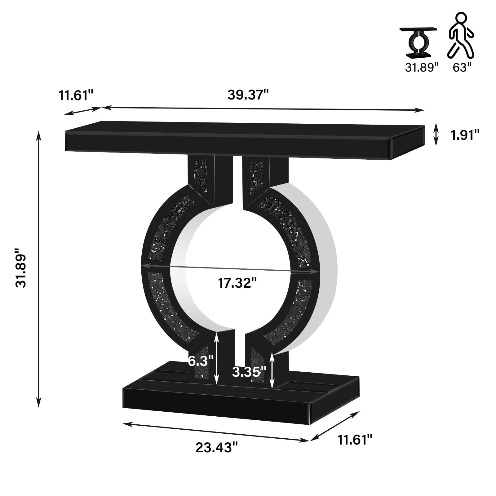 Black Mirrored Console Table with Crushed Diamond Inlay, 39.4'' Long Entryway Sofa Table, O-Shaped Base Modern Accent Narrow Table for Living Room, Hallway, Foyer, Entrance