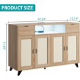 thumbnail image 2 of Rattan Buffet Cabinet w/ Charging Station & LED Light, Coffee Bar Cabinet w/4 Doors & 2 Drawers & Adjustable Shelves for Dining Living Room, Hallway, Natrual, 2 of 7