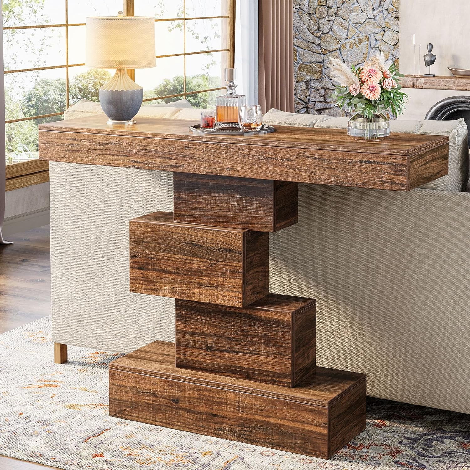 Tribesigns 42.5" Farmhouse Console Table, Wood Sofa Table for Living Room, Rustic Brown
